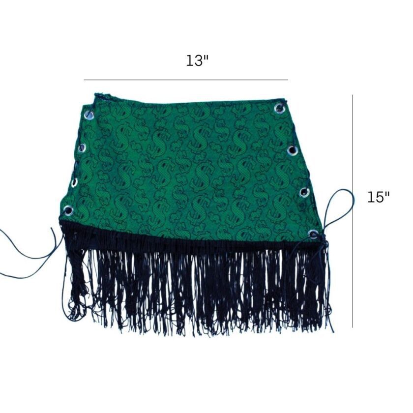 A green and black fringed skirt.
