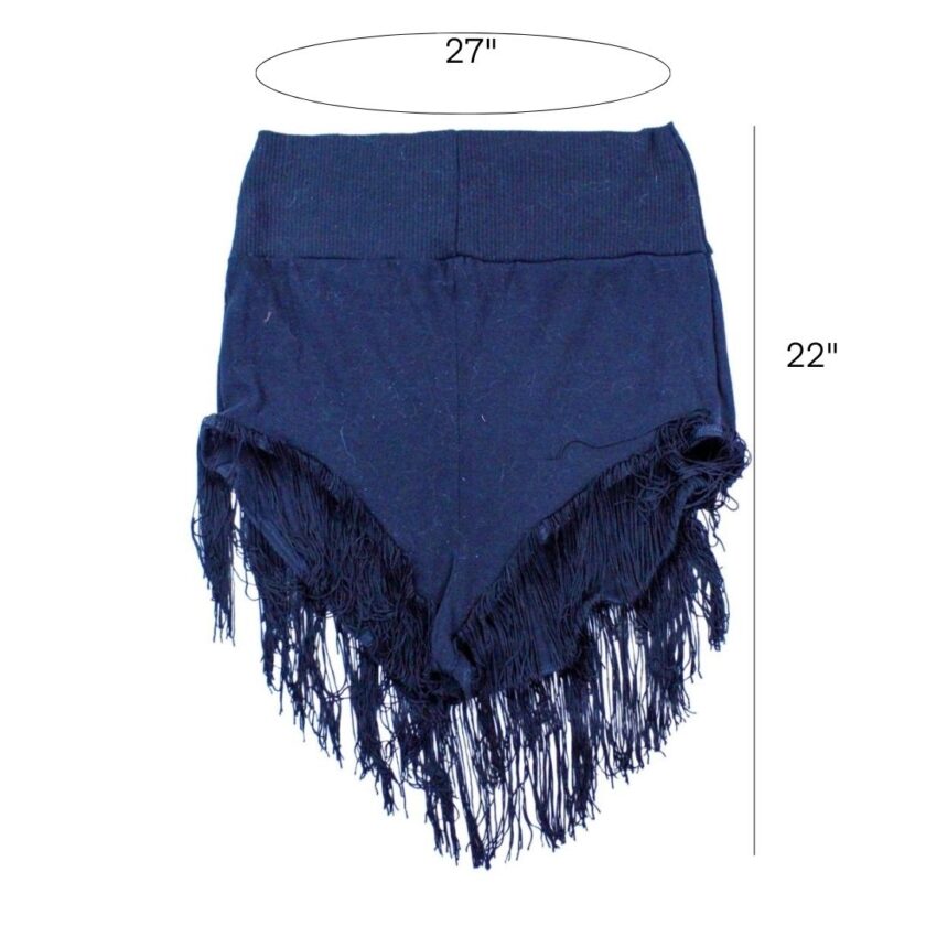 A pair of blue shorts with fringes on the bottom.