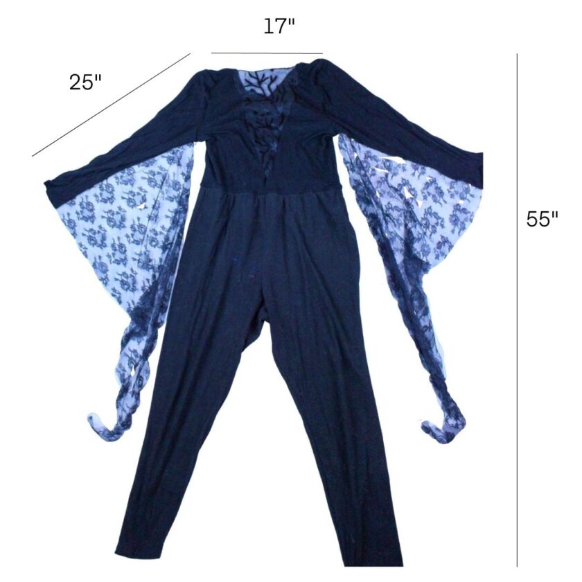 The measurements of a black jumpsuit with lace sleeves.