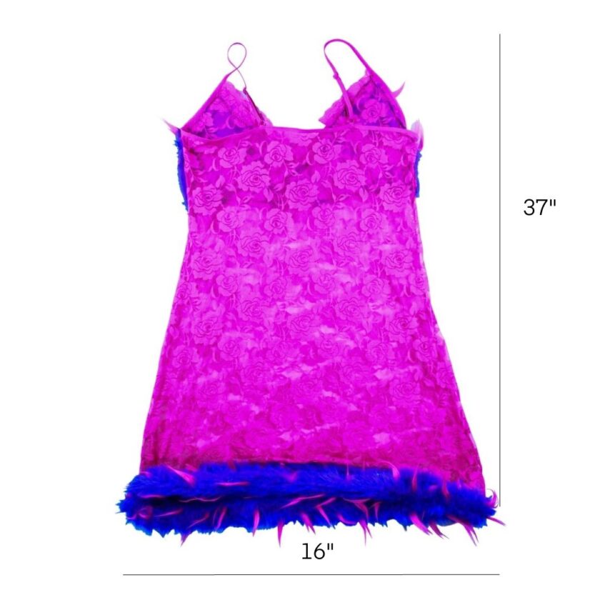 A pink and blue lace dress with measurements.