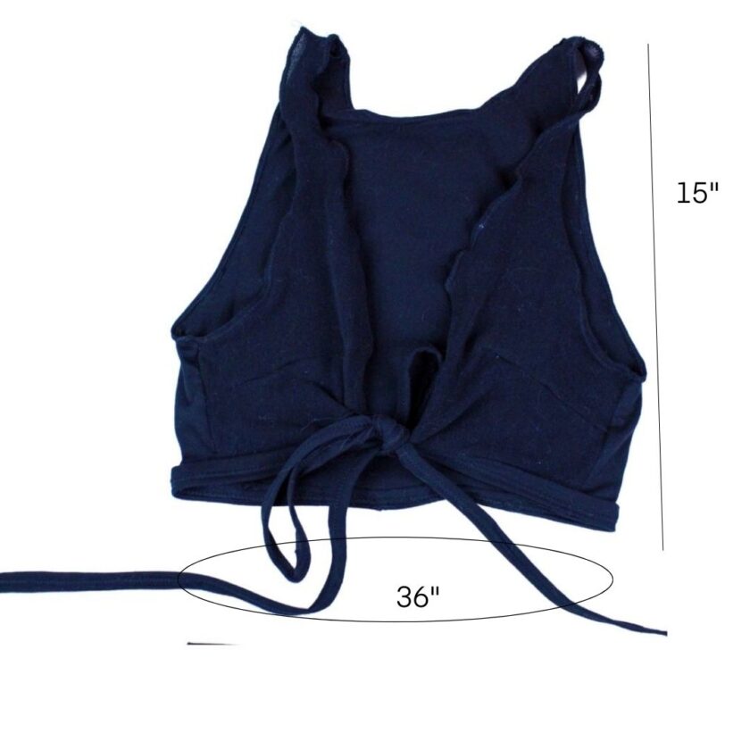 The measurements of a blue bikini top.