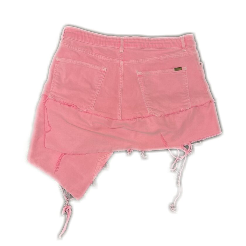 A pink denim skirt on a white background.