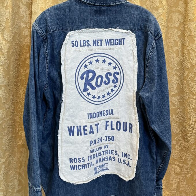 A denim jacket that says ross wheat flour.