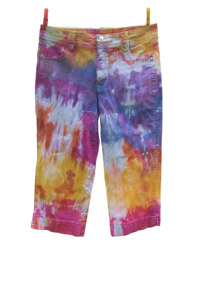 Upcycled white jeans tie dyed bright bold colors