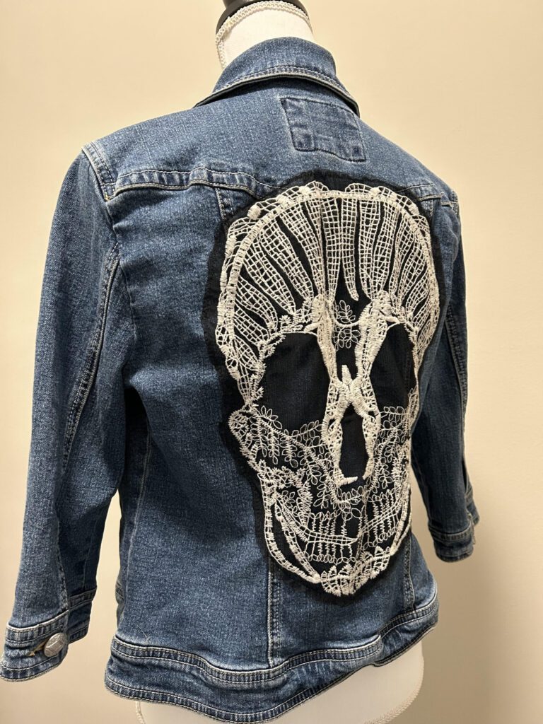 Upcycled Sequin top Skull Denim Jacket XS