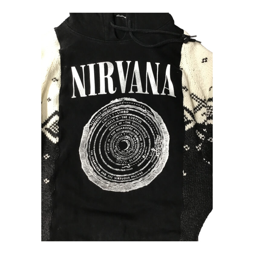 A black hoodie with the word nirvana on it.