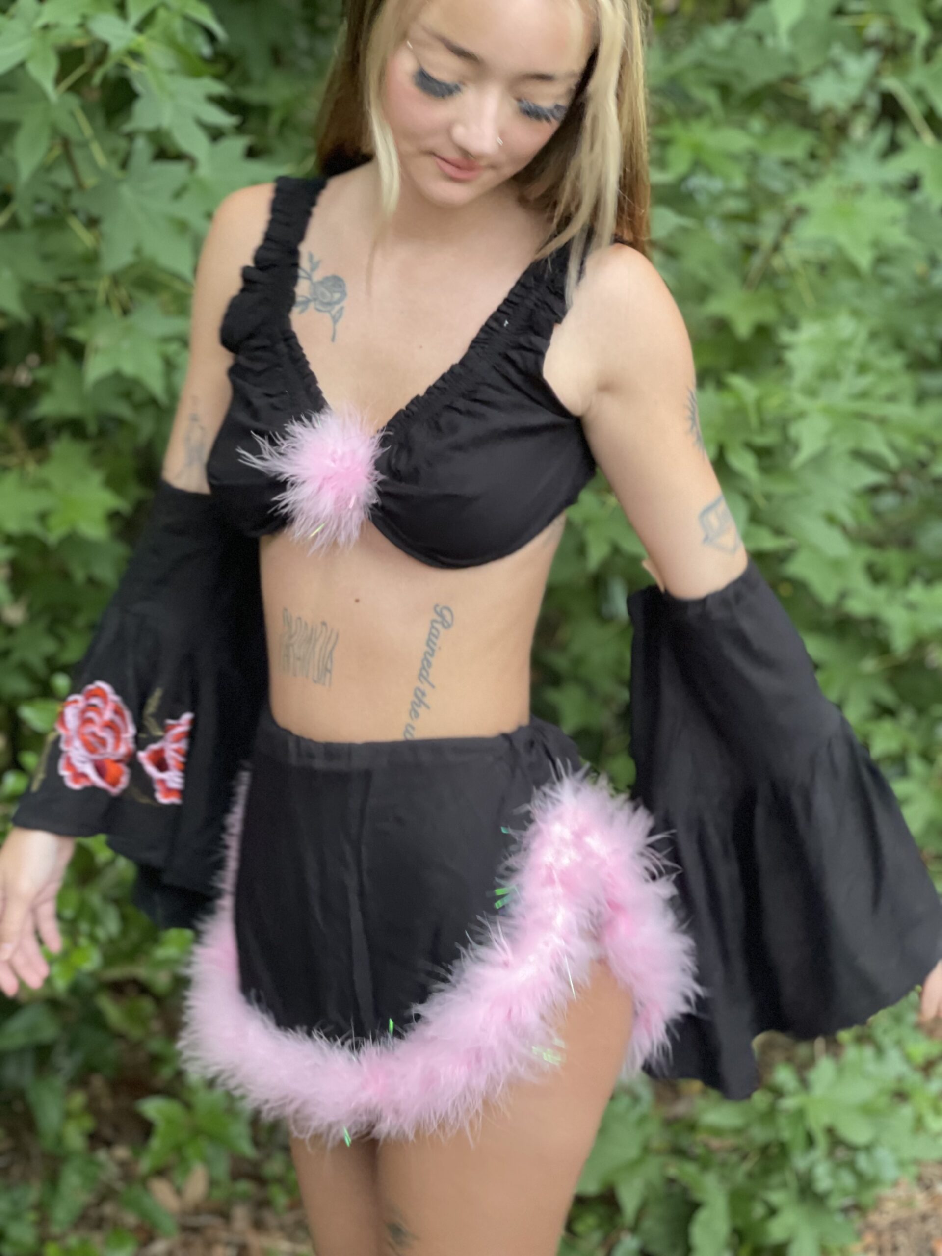 Black and Pink Floral Upcycled Festival Rave Outfit Size Small