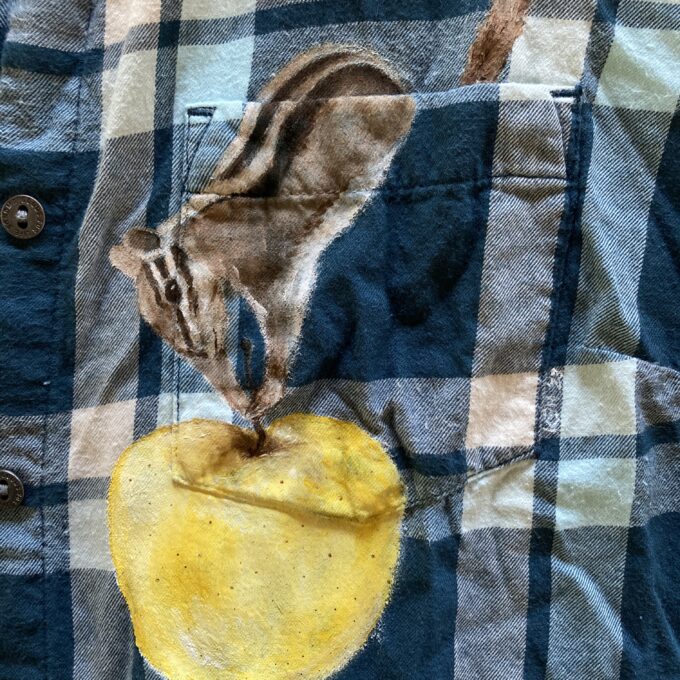 Chipmunk and apple hand-painted on blue plaid shirt
