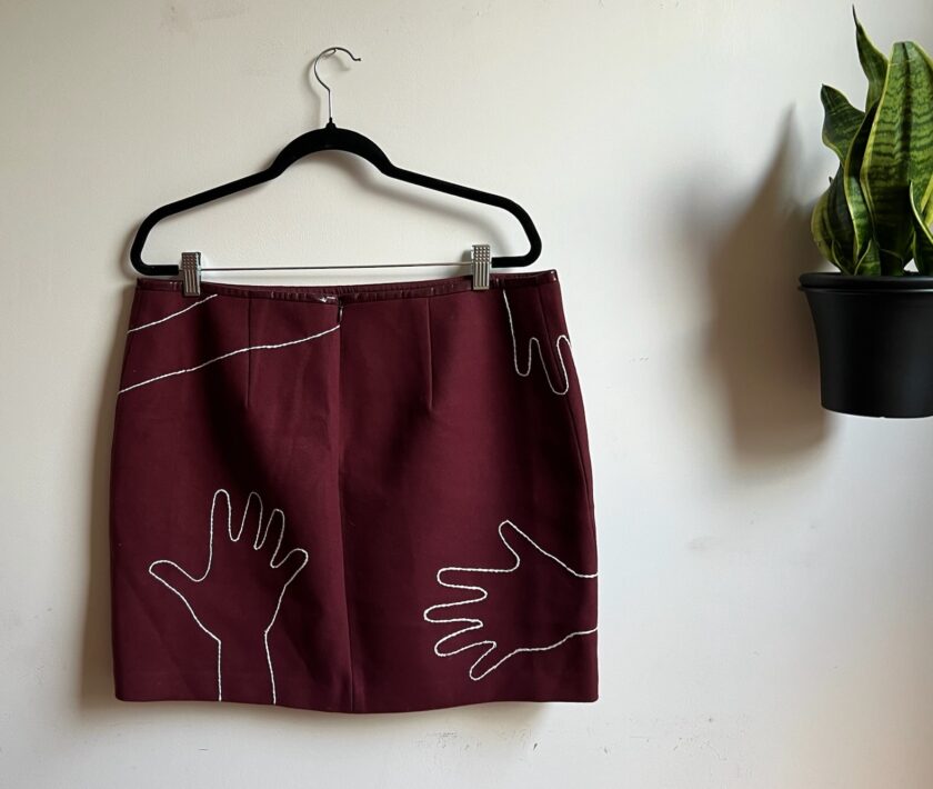 maroon mini skirt white embroidery