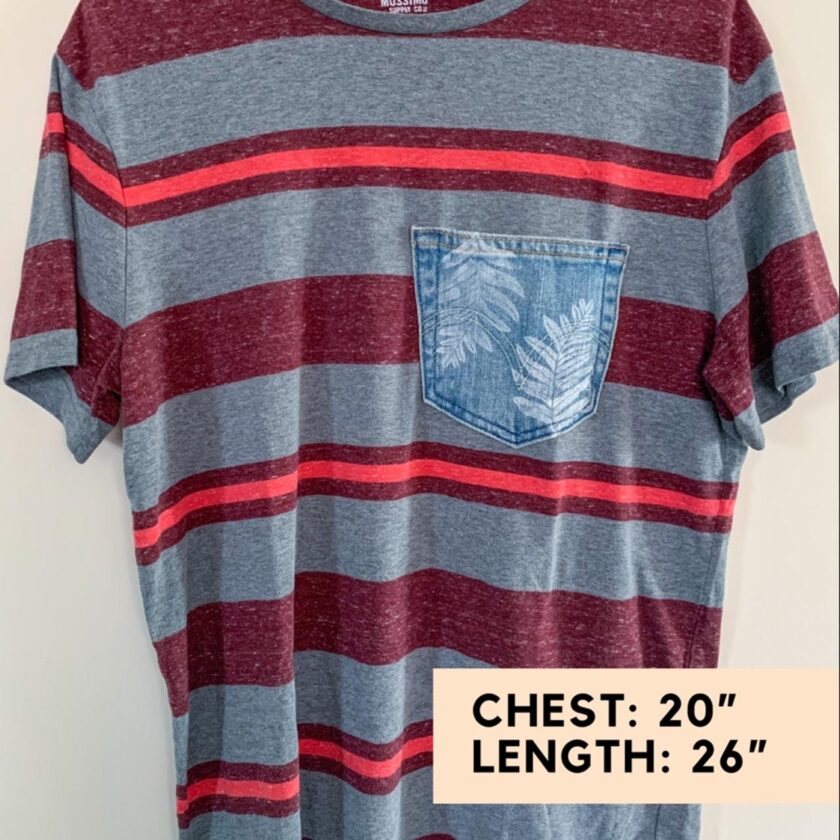 A striped t - shirt with a pocket.