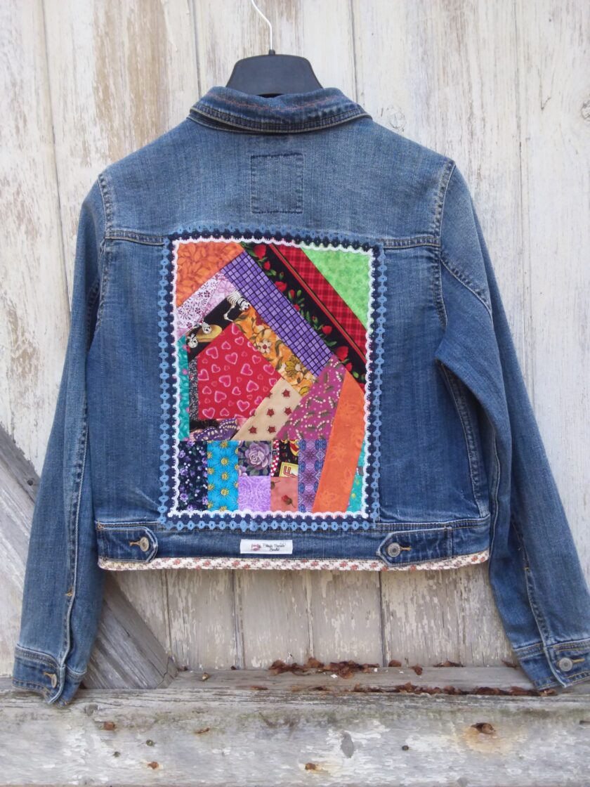 Patchwork denim jacket with bright bold colors