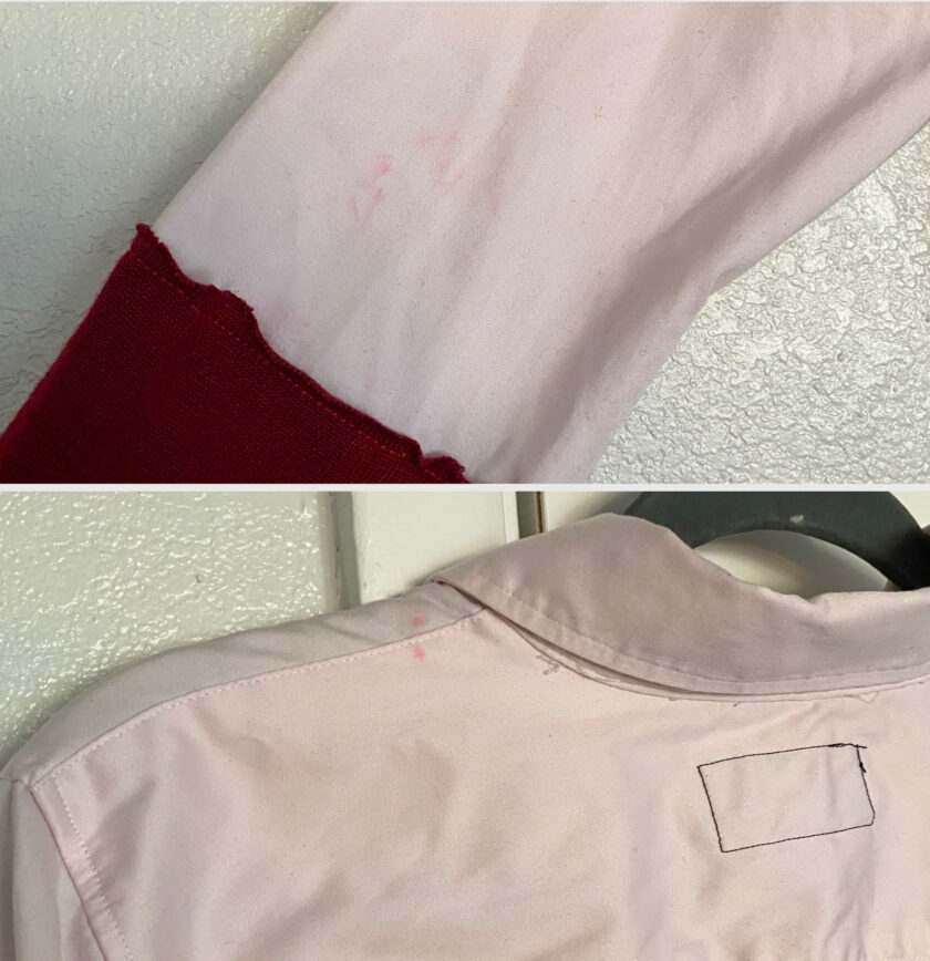 Two pictures of a pink shirt with stains on it.