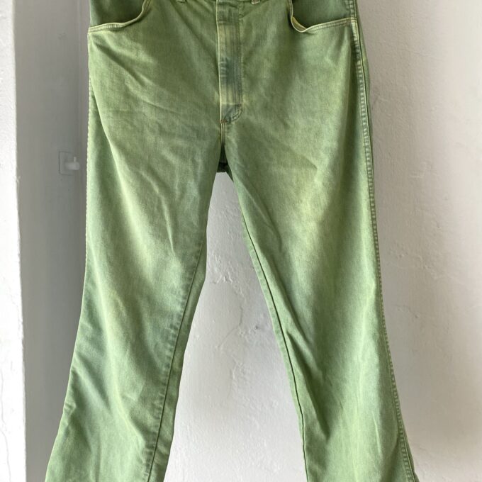 A pair of green jeans hanging on a clothes line.
