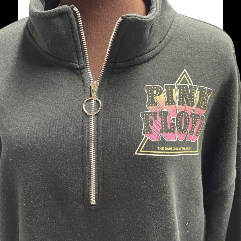 A black sweatshirt with the words pink floyd on it.