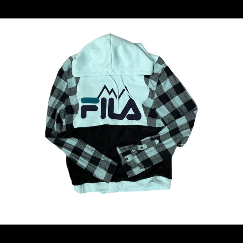 A black and white hoodie with the word fila on it.
