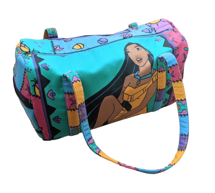 A colorful bag with a cartoon on it.