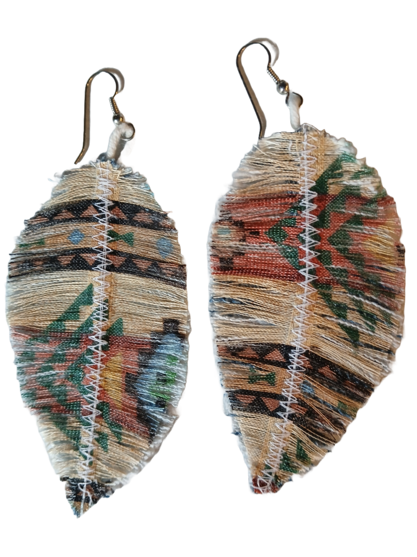 Southwest geometric fabric and denim feather earrings have a geometric design