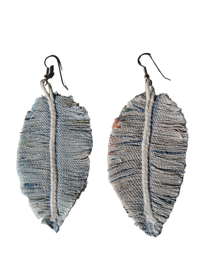 Unique denim feather earrings made from recycled textile