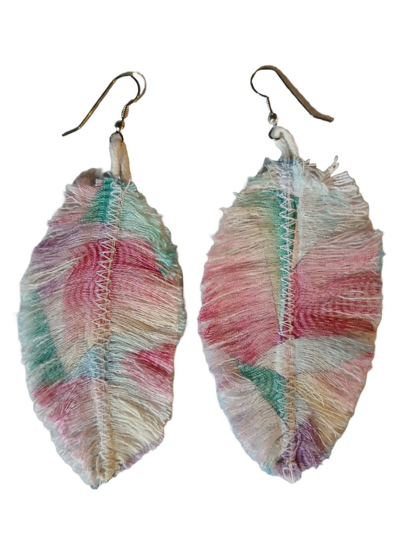 Handmade denim feather earrings with multicolored design