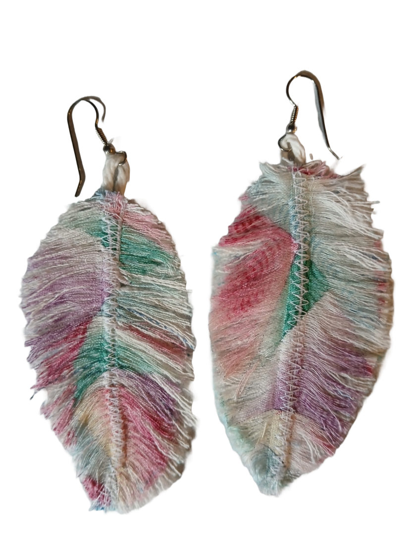 Unique multicolored denim feather earrings made by an artist.