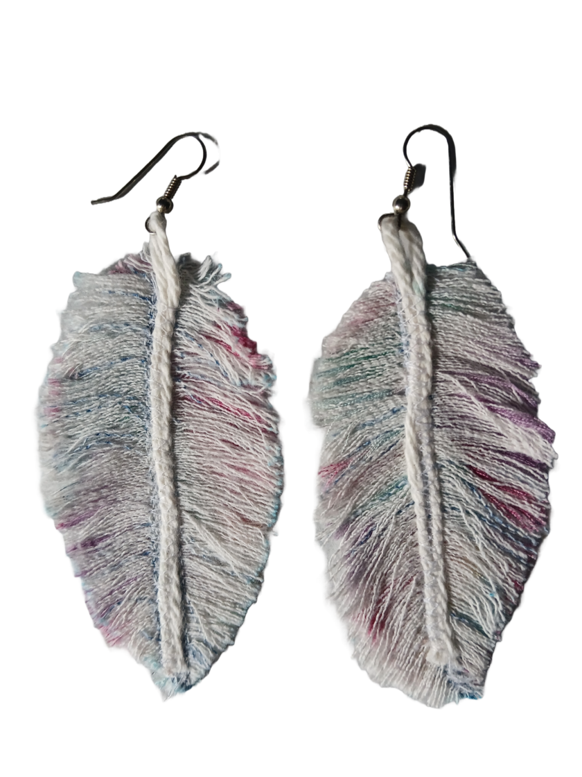 Feather earrings made from denim with silver hooks