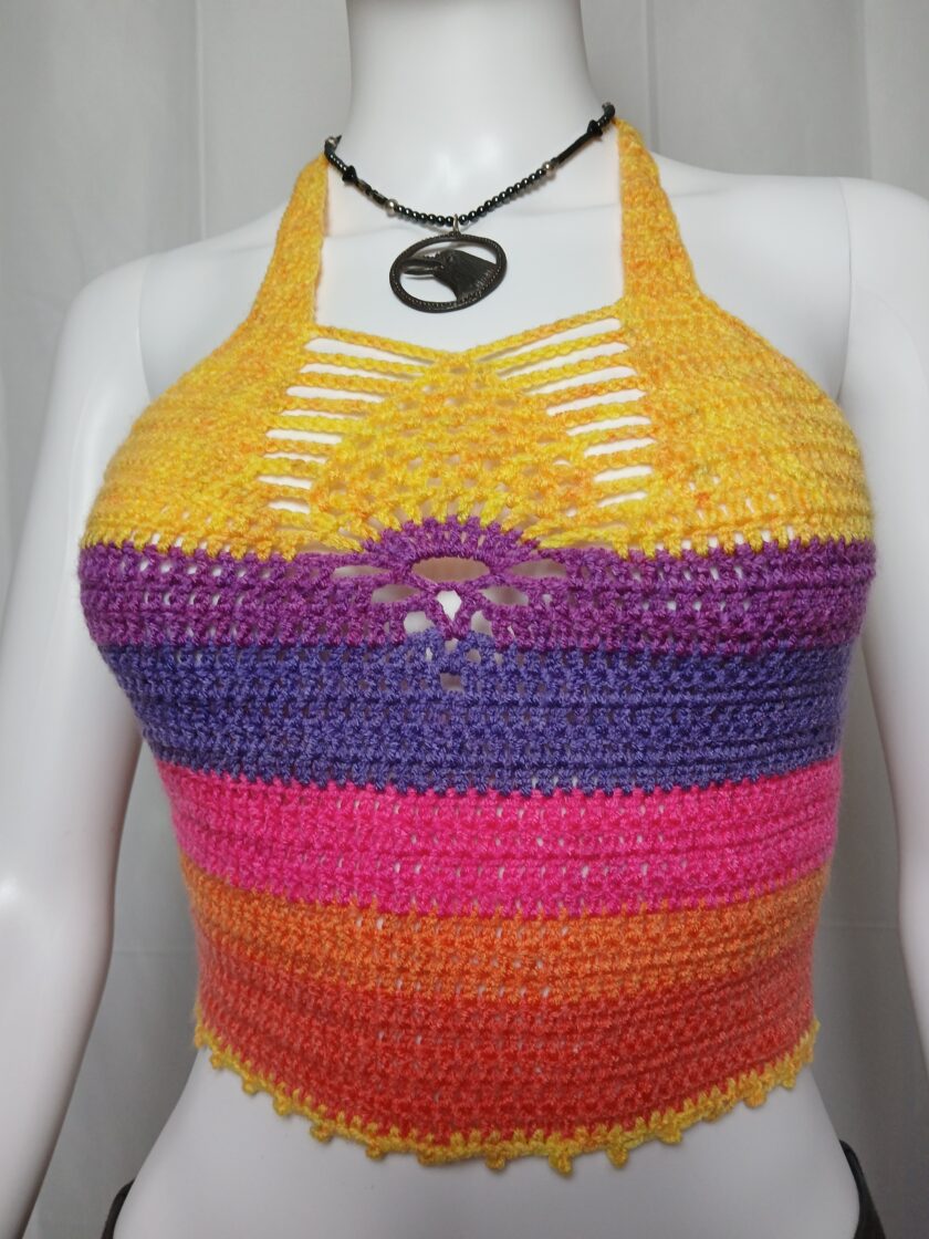 A rainbow bright crochet festival top with pineapple design.