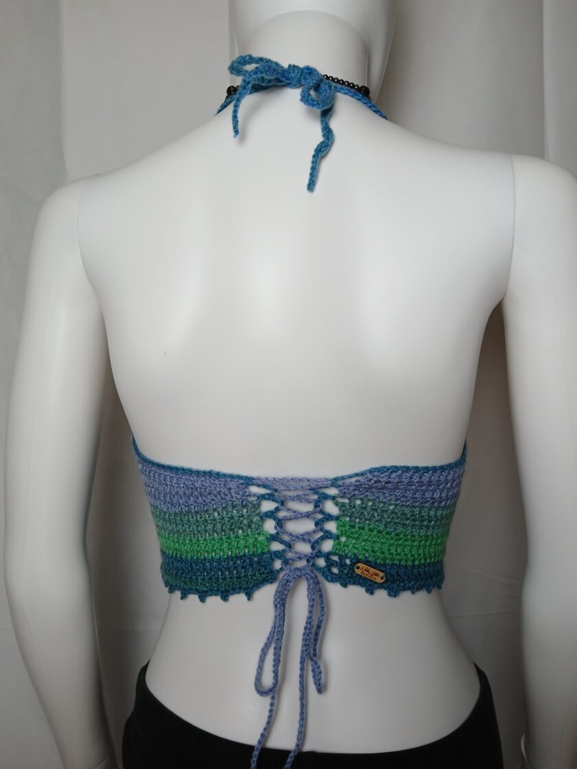 Back lacing corset halter in colorful crochet