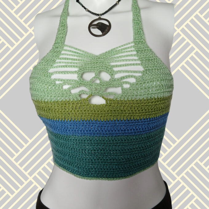 Crochet skull rave top in green and blue
