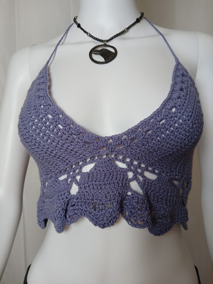 Sexy crochet crop top halter in light purple.