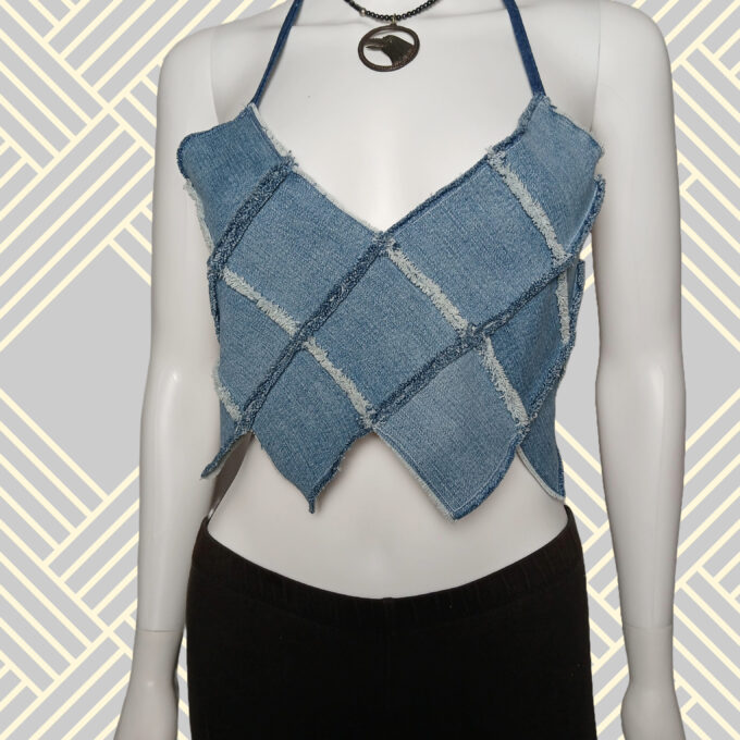 Repurposed denim festival halter with raw edges and long ties