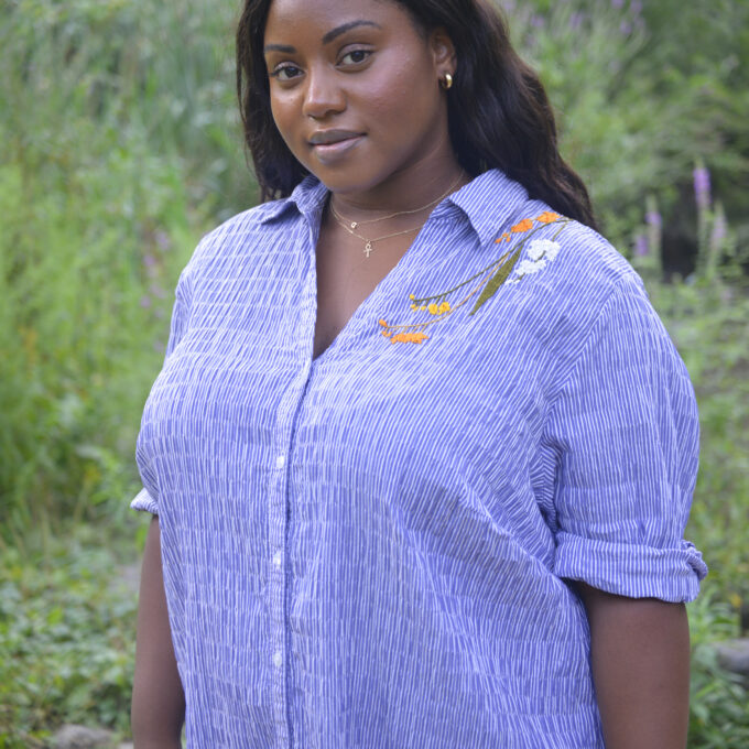 Pochoir.NYC hand embroidered blue and white striped Ulla Popken seersucker tunic