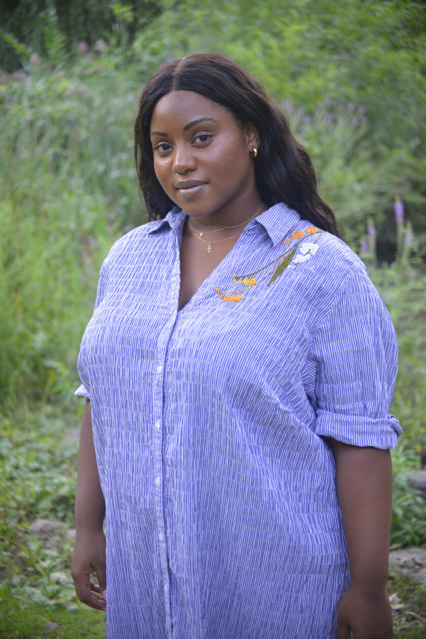 Pochoir.NYC hand embroidered blue and white striped Ulla Popken seersucker tunic