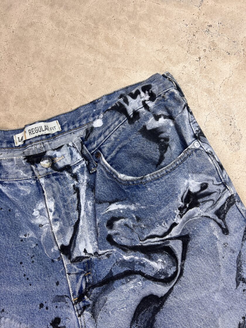 Marble Painted Denim Cut Off Shorts - 38" - Image 2