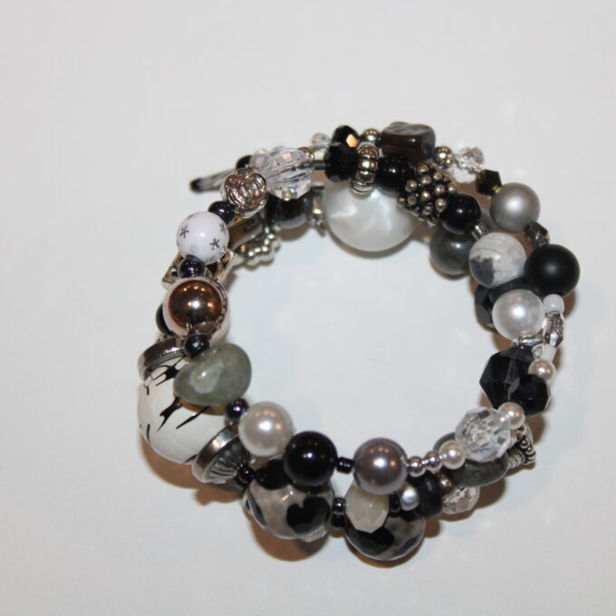 wrap style beaded bracelet in black white and grey