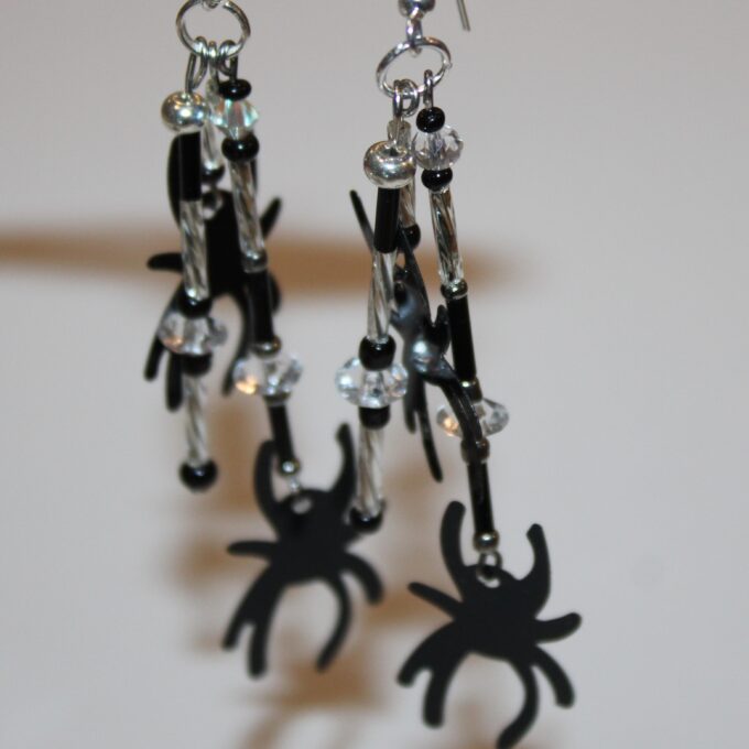 Halloween themed black spider earrings with crystals and silver tone beads