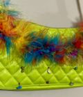 Lime Green Upcycled Mini Purse Multicolored Feathers & Upcycled Charms